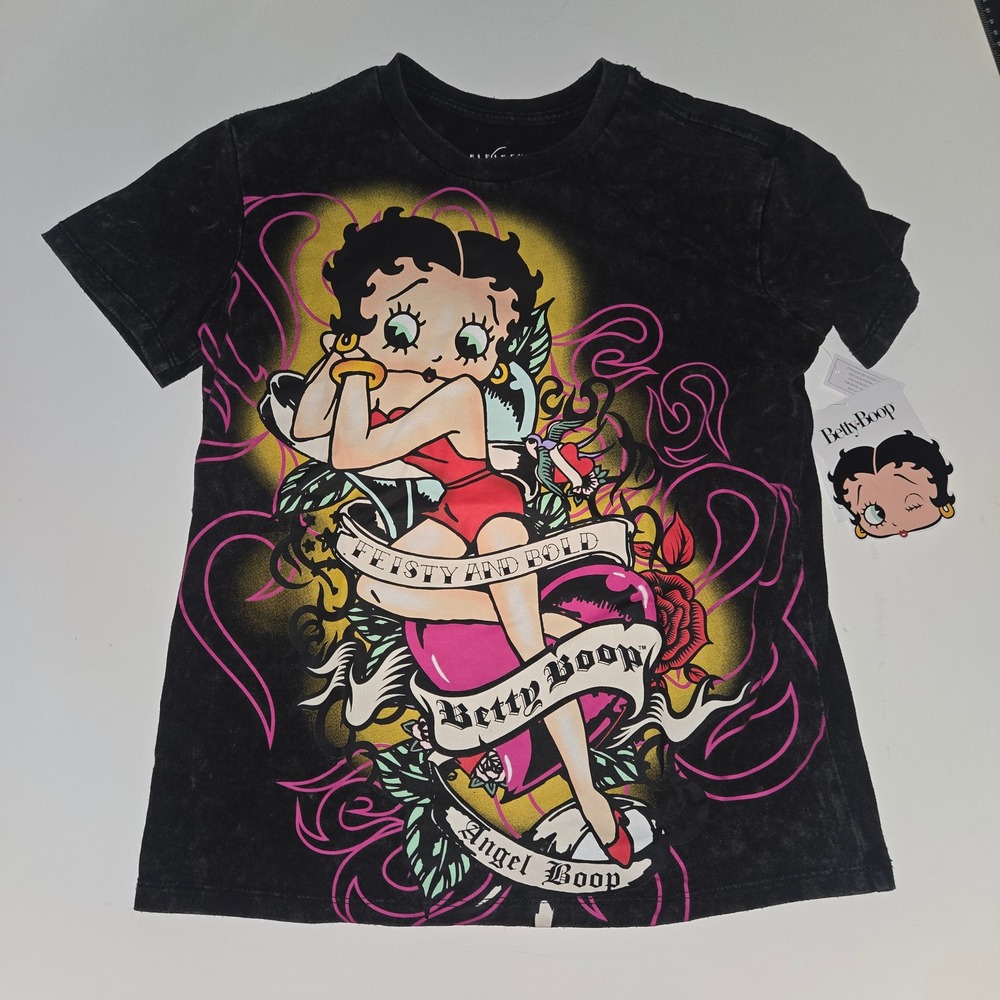 Betty Boop Graphic Tee Black Mineral Wash Tattoo Style Feisty and Bold XXS NWT